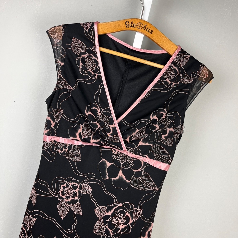 Vintage Y2K Dress Womens Large Black Pink Floral Bows‎ Ribbon Coquette Romantic